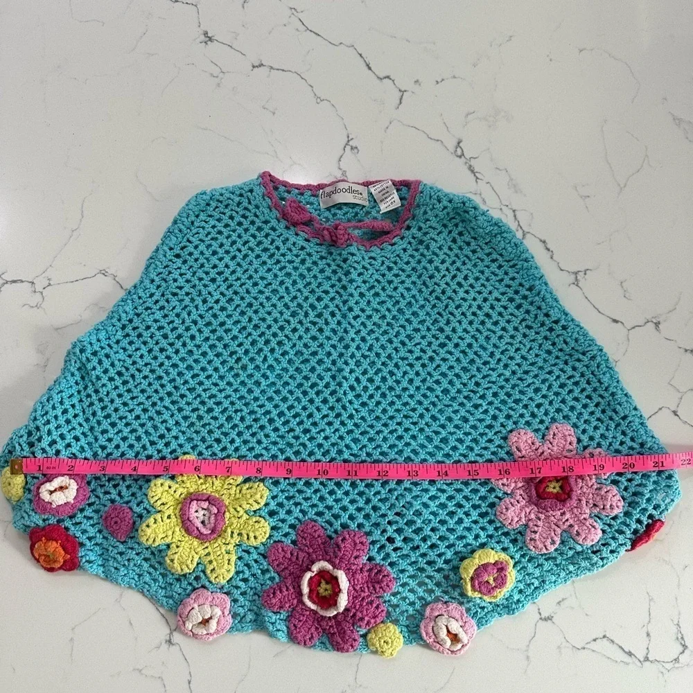 Kids Vintage Flapdoodles Pink and Blue Crochet Flowers Poncho 90s size 6